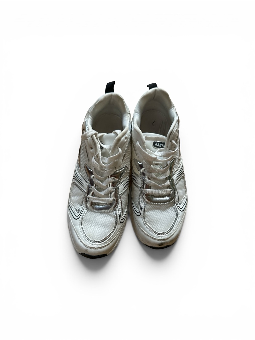 Nautica size 9 sneakers, white, metallic, silver,, and black